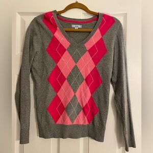 IZOD Grey & Pink Argyle V Neck Sweater -Size Small